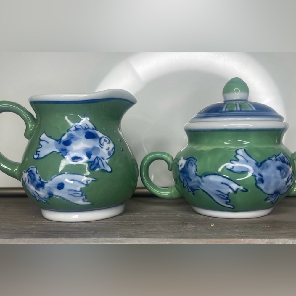 Vintage April Cornell Koi Fish Sugar and Creamer Set